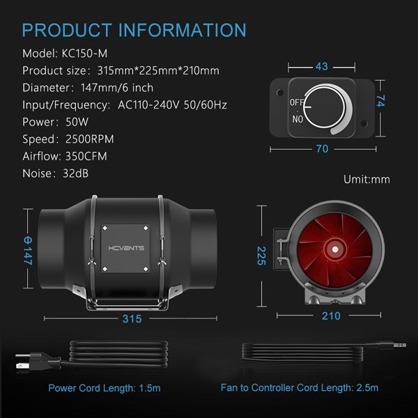 Quạt ống nội tuyến EC 4/6/8 inch có công tắc quay 3 Quat ong EC 5